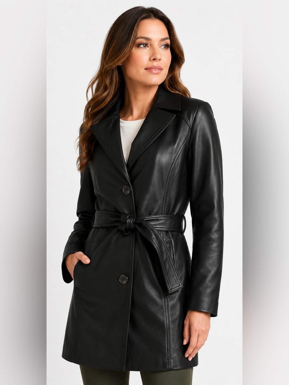 Tahari Genuine Leather Trench Coat Black XS – Classic Sleek Minimalist Chic‎